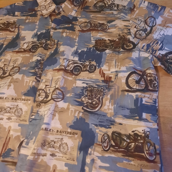 Mens Harley-Davidson Casual Motorcycle Print Shirt - Tan, Blue, Black - Picture 2 of 8